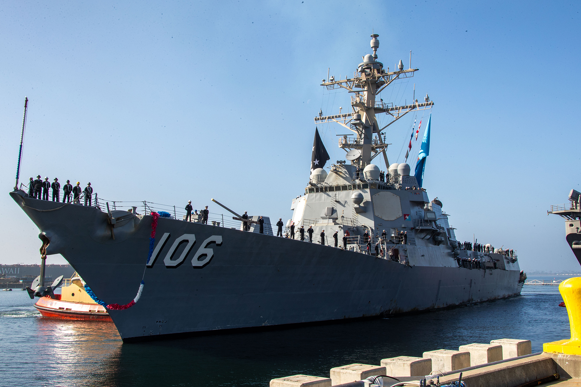 The Arleigh Burke-class guided-missile destroyer USS Stockdale (DDG 106) pulls into their homeport of Naval base San Diego, Feb. 21, 2022 (U.S. Navy photo by Mass Communication Specialist Seaman Kristine Joy Nool).